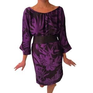 Armani Black Purple Floral Silk Dress with Belt -Size 6 Luxury Designer Party